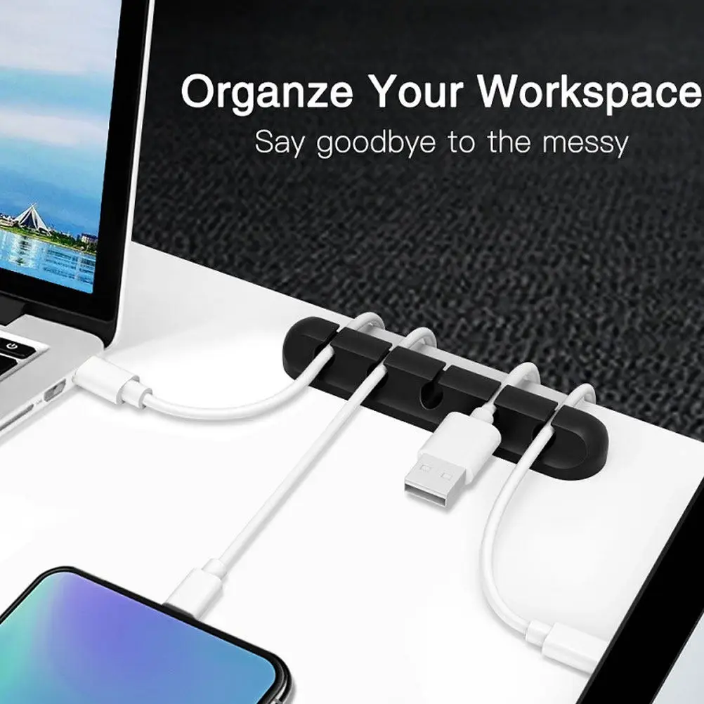 

Набор из 2 органайзеров для кабелей на рабочий стол, черные силиконовые держатели для проводов, гибкие крепления для зарядных кабелей для офиса и дома