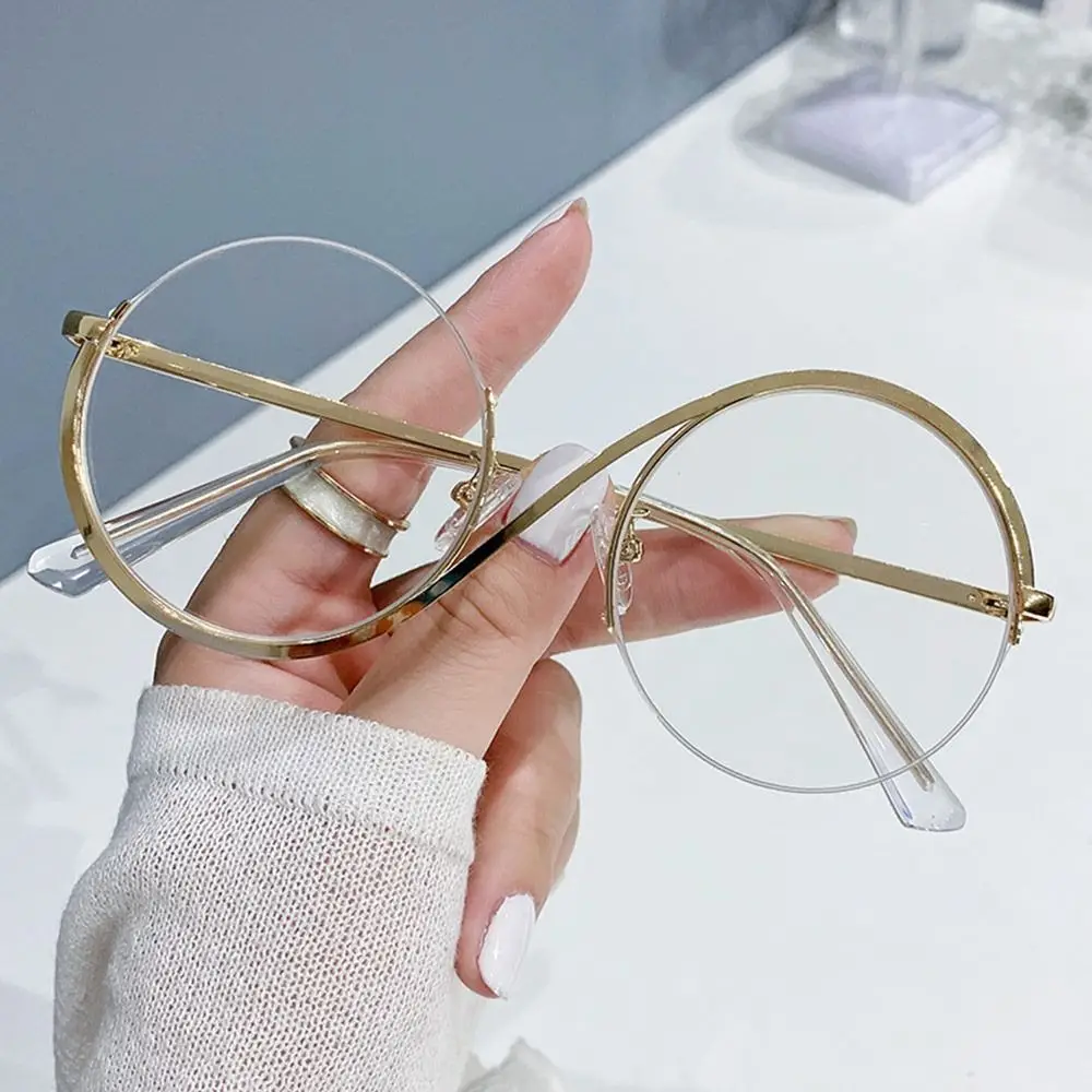 Fashion Anti-Blue Light Glasses Women Men Metal Semi-Rimless S Shape Optical Eyewear Round Half Frame Computer Reading Eyeglass