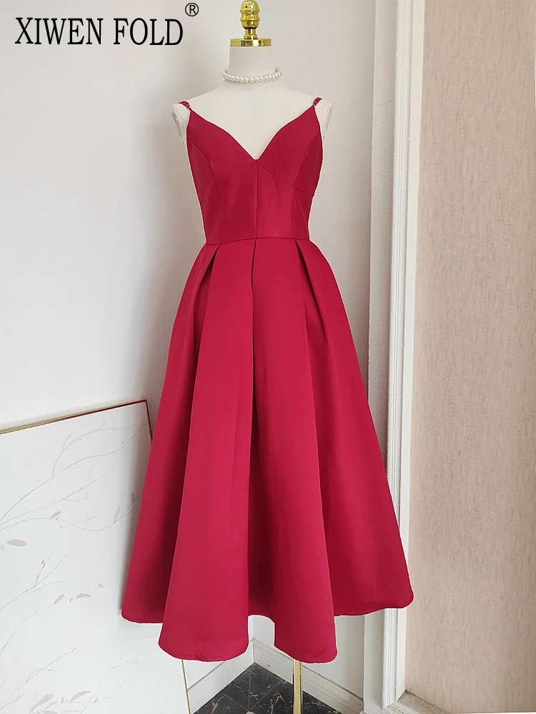 

XIWEN V-neck Backless Strapless Solid Color Sleeveless High Waist A-line Women's Dress 2024 Autumn Winter New XF3204