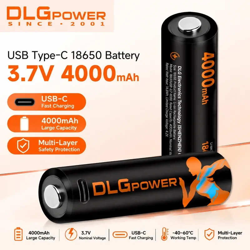 USB Rechargeable Li-ion Batteries 18650 Battery 3.7V 4000mAh DLGPOWER with Type-C for Flashlight Microphone Fan Electric