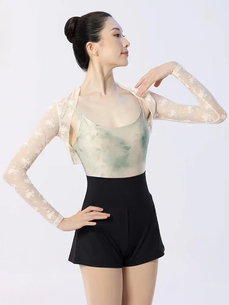 Adult Ballerina Beige White Black Elastic Floral Lace Modern Latin Ballet Dance Practice Leotard T Shirt Crop Top Thin Coat