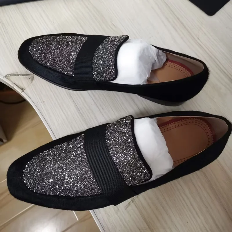 Italy Fashion Black Leather Shoes Men Horsehair Shoes Luxury Glitter Sequin Loafers Dress Shoes Handmade Men's Flats Party Shoes