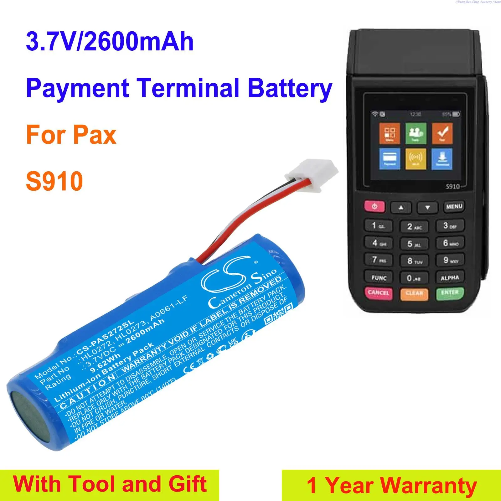 Cameron Sino 2600mAh Payment Terminal Battery HL0272, HL0273, A0661-LF for Pax S910