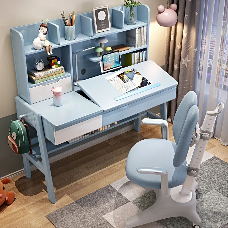 Simple solid wood children's lifting desk household bedroom study bookshelf desk chair set