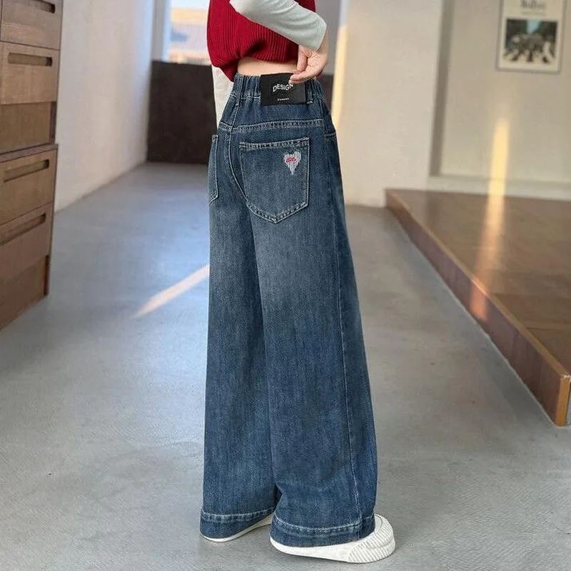 Girls Wide Leg Jeans 2025 Spring Autumn Fashion Children\'s Casual Denim Pants Kids Retro Design Straight Leg Baggy Trousers