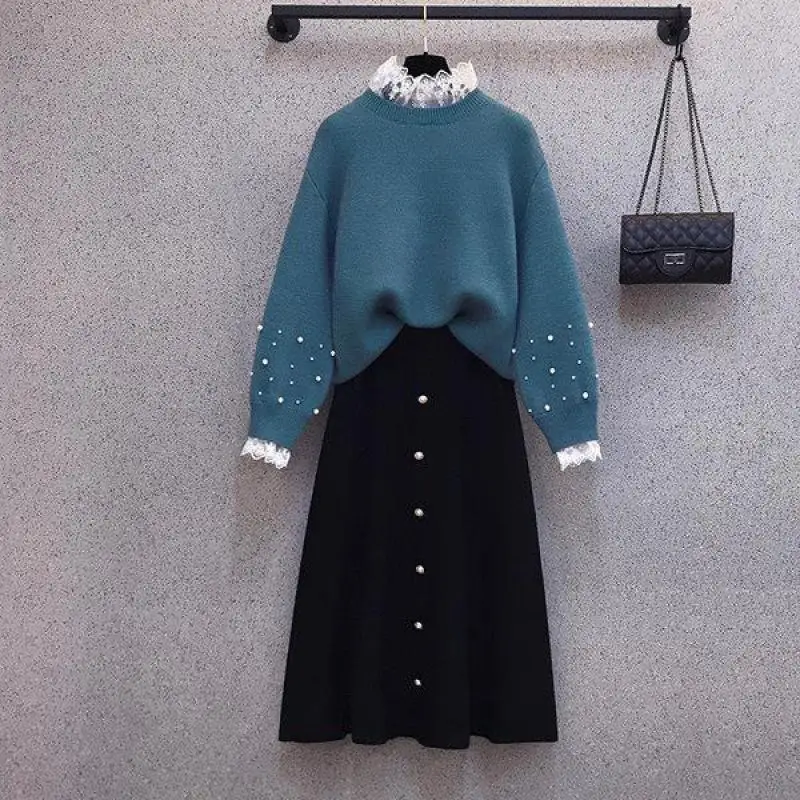 

Women's Autumn Winter Two Piece Knitwear Set Lady Graceful Lace Patchwork Pearl Sweater A-Line Skirt Outfits 2022 Tops Female