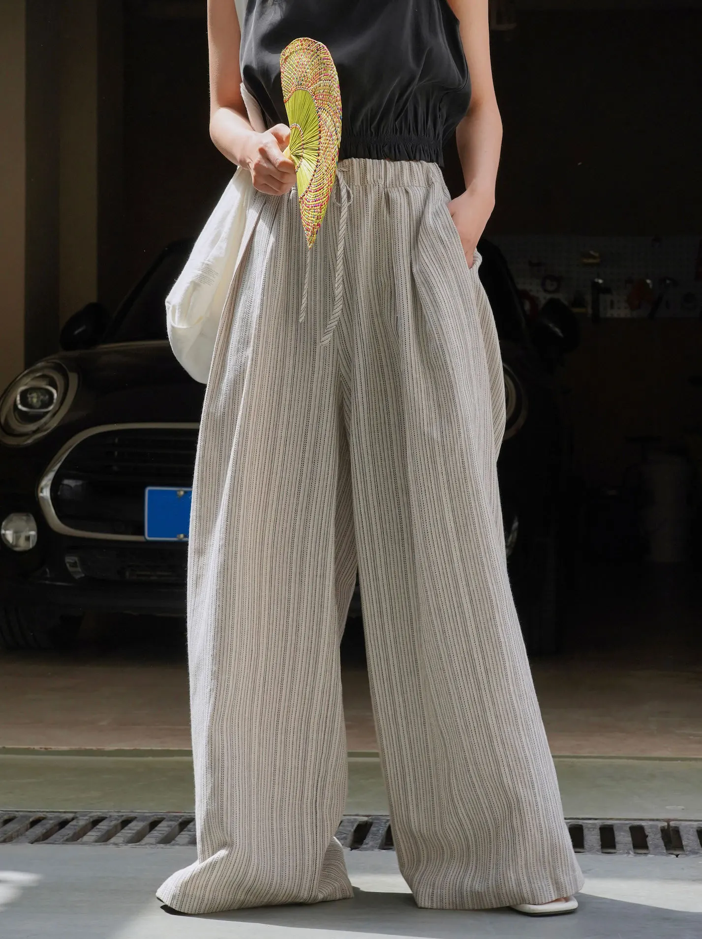 Summer women's casual striped high waisted loose wide leg pants