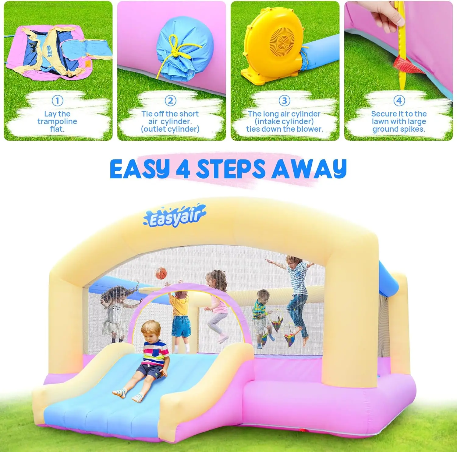 Casa de salto grande para crianças grandes, corrediça de salto inflável de 14,8 x 14,5 pés com ventilador de 650 W, cesta de basquete, bola de lançamento Ga