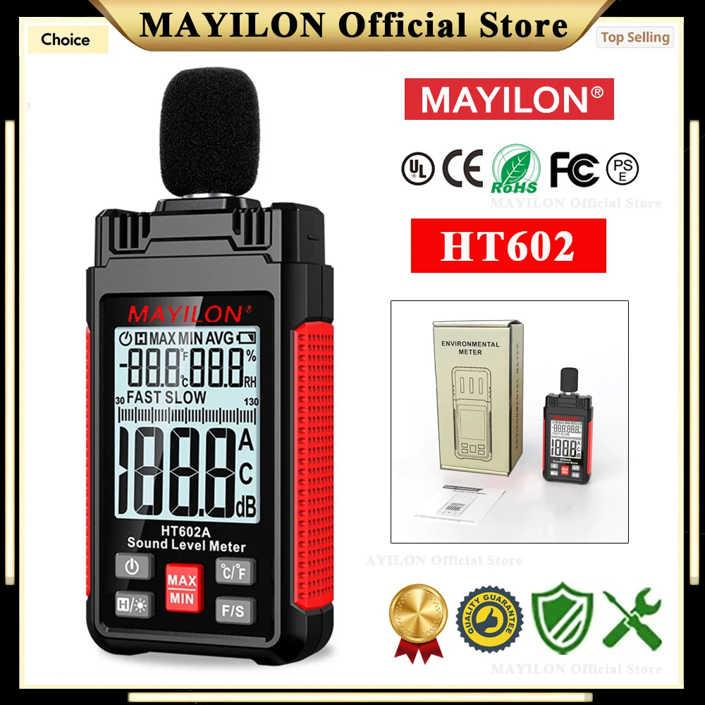 MAYILON HT602 3 in 1 Thermometer Hygrometer Digital Sound Level Meter 30-130dB Decibel Meter Noise Audio Level dB Tester