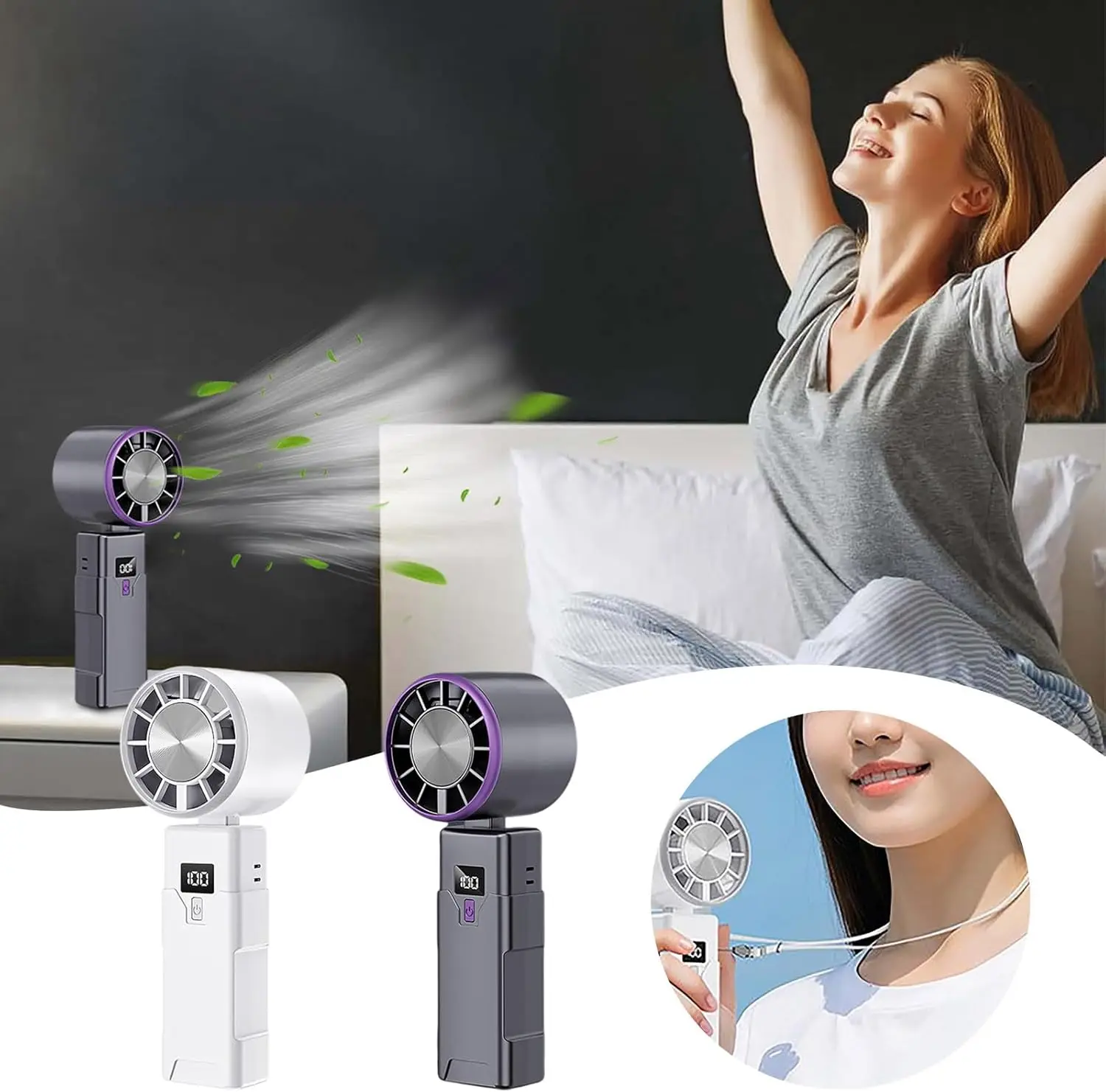 

Portable USB Rechargeable Fan Mini Foldable Handheld Fan For Travel, Real Time Display Power Desktop Cooling Fan with Adjustable