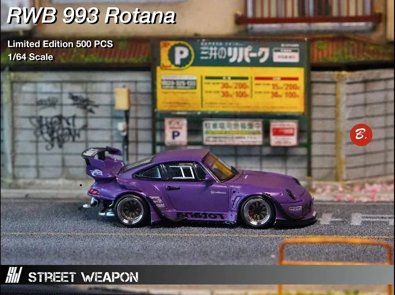 Street Weapon Warrior 1:64 RWB 993 Rotana GT wing  / double wing Purple Diecast Model Car