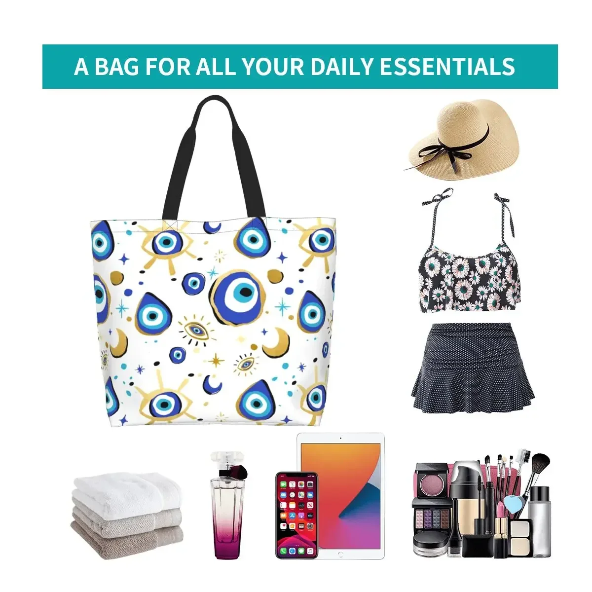 

Blue And Gold Evil Eye Shopping Canvas Bags Large Capacity Grocery Hamsa Nazar Boho Tote
