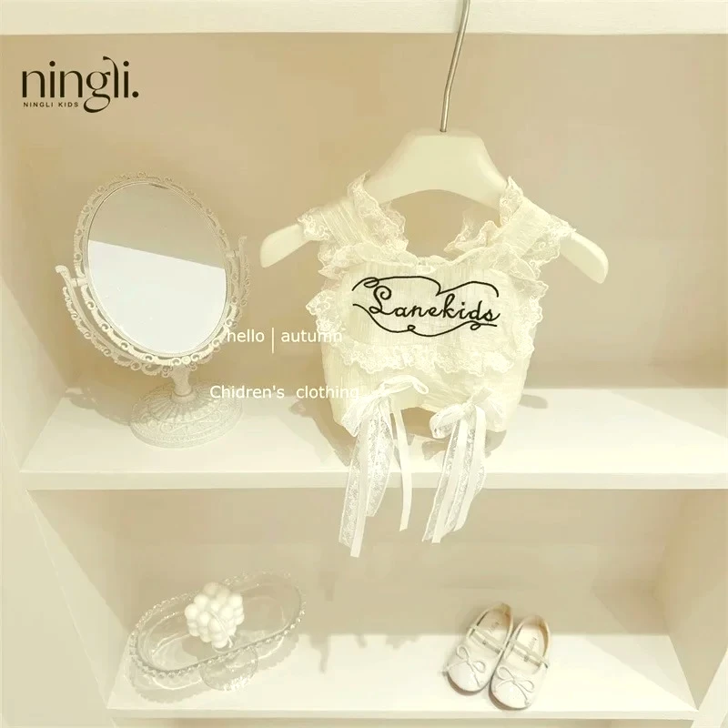 2025 Bow Lace Vest Cake Skirt Trousers Two-Piece Set Girl Suit Fashion Korean Style Kids Summer Clothing Baby Girl