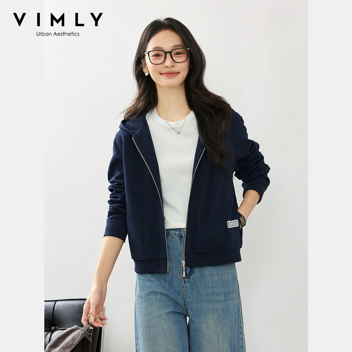 

VIMLY Woman Long Sleeve Hooded Jackets Autumn 2025 New Elegant Navy Blue Loose Jacket Sweatshirt with Zipper Ladies Coat A1955