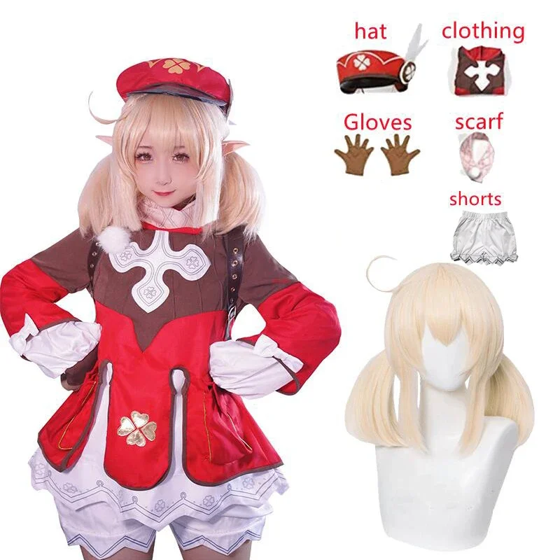 Anime Genshin Impact Klee Cosplay Costume Loli Red Dress Shorts Wig Shoes Halloween Party Cosutme Carnival Backpack