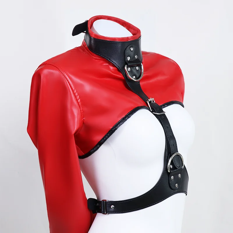 Chaqueta de estrecho Bondage de cuero sin copas con pecho abierto para mujer, chaqueta recta de sujeción, color negro y rojo, disfraz de Halloween