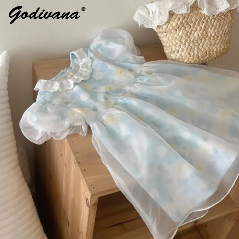 Sweet Baby Girls Summer New 2026 Mesh Floral Princess Dress Toddlers and Young Children Puff Sleeve Lace Collar Casual Dress