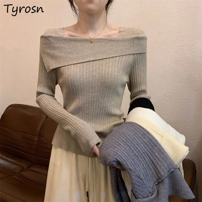 

Women Pullovers Off-shoulders Streetwear Trendy Leisure Korean Stylish All-match Solid Stretchy Chic Elegant Long Sleeve Ladies