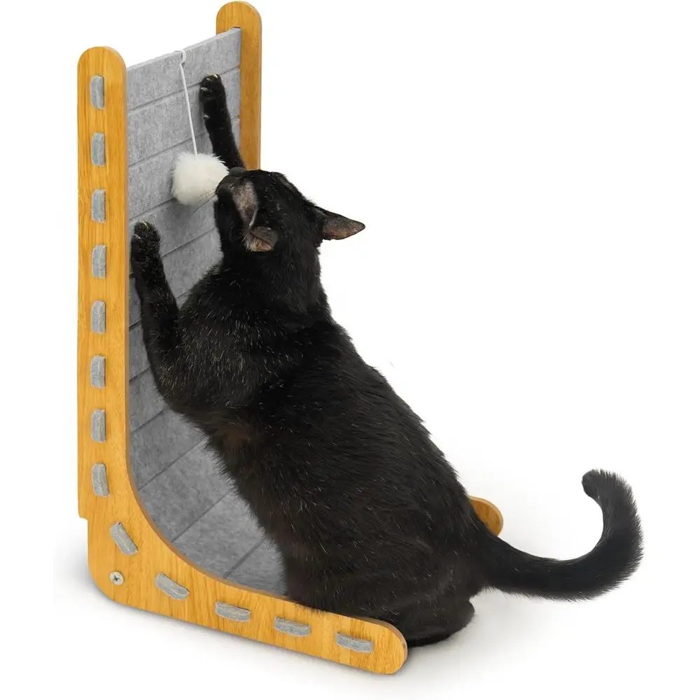 

L-образная настенная когтеточка для кошек толщиной 9 мм, высотой 24 дюйма, с подвесной игрушкой-шариком, светло-серая