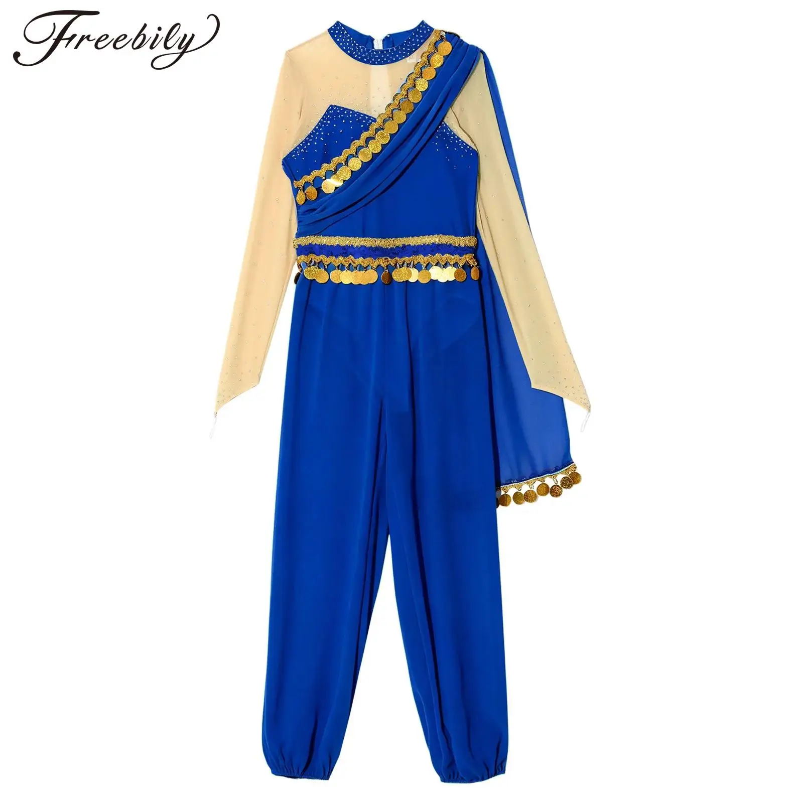 

Kids Girls Arab Princess Jumpsuit Halloween Cosplay Costume Long Sleeve Sequins Tassels Mesh Patchwork Bodysuit