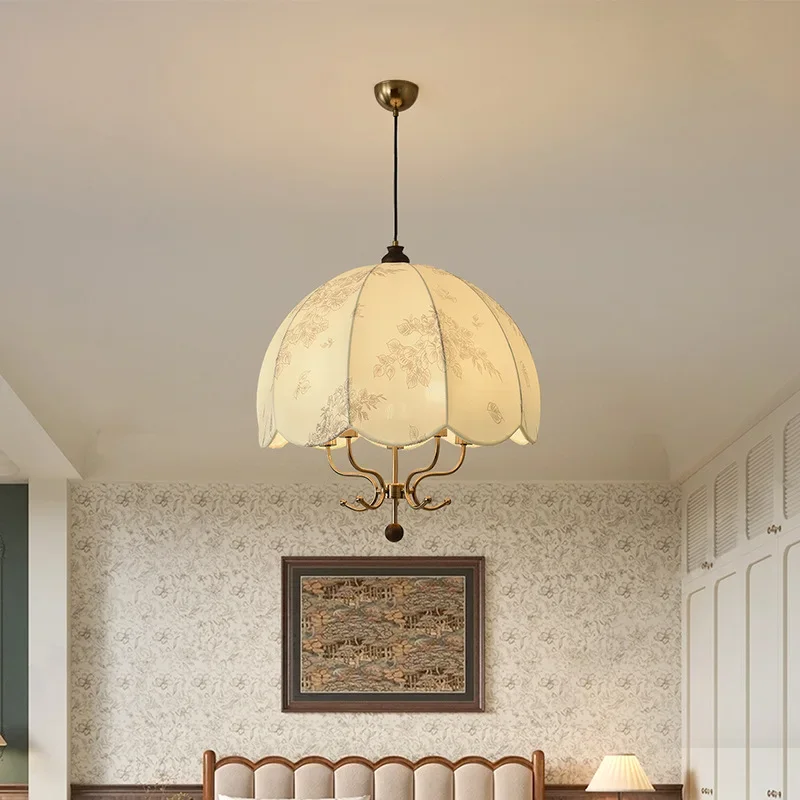 French Mid-Century Chandelier - Simple Retro Fabric Pattern Light for Living/Dining/Bedroom Lamp Ceiling Light Led Lamp