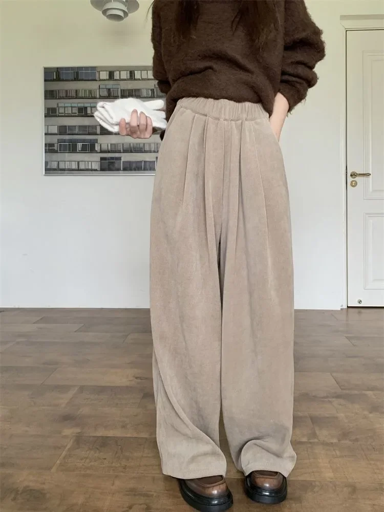 HOUZHOU Vintage Baggy Thick Warm Pants Woman Oversized Harajuku Korean Fashion Japanese Style Brushed Trousers Autumn Winter