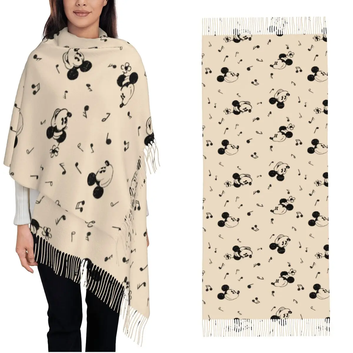Women\'s Scarf with Tassel Vintage Mickey Minnie Metal Lunch Box Large Winter Warm Shawl Wrap Daily Wear Pashmina Scarves