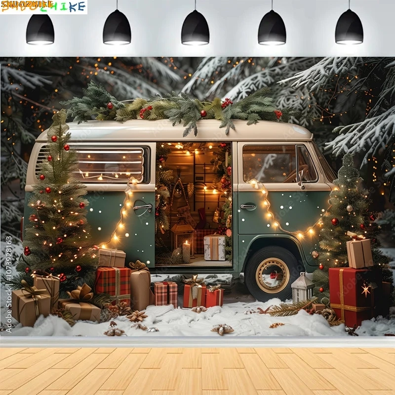 

Christmas Day Fireplace Photography Backdrops Prop illustration Window Living Room Interior Village House Theme Background HK-04