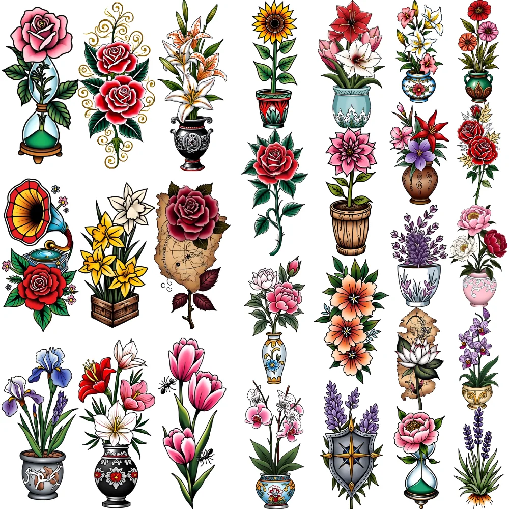 

28pcs Temporary Tattoo Decorative Pottery New School Traditional Tulip Flower Sunflower For Adults Chest Women