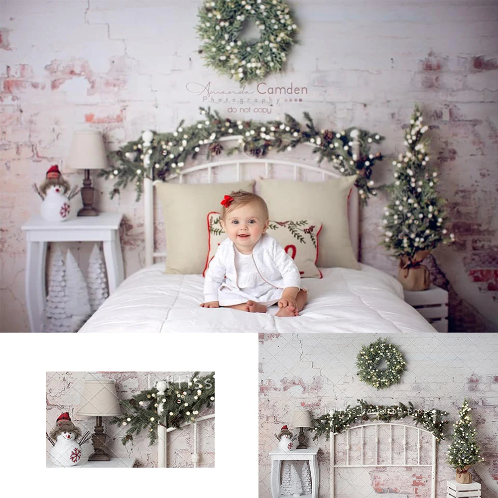 Cozy Xmas Headboard Backdrops Kids Family Photography Props Child Adult Photocall Christmas Wreath Brick Wall Backgrounds