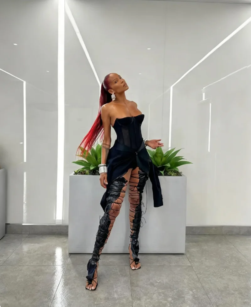 

Sexy Black Leather Lace-Up Over-The-Knee Stiletto Heels Cutout Design Square-Toe Open-Toe Women's High-Heeled Sandals