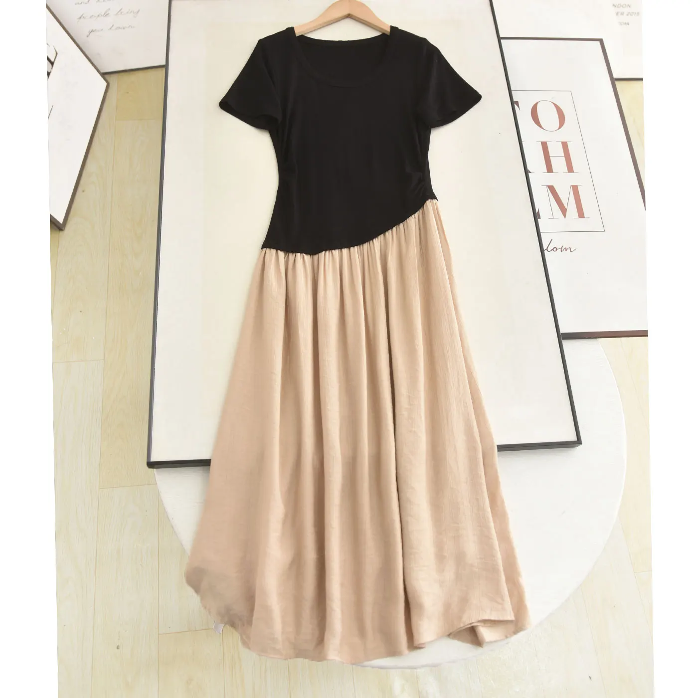 Hebe Style Elegant Dress Slimming Color Block Fake Two-Piece Summer New Arrival Casual Fit Loose Type Short Sleeve round Neck