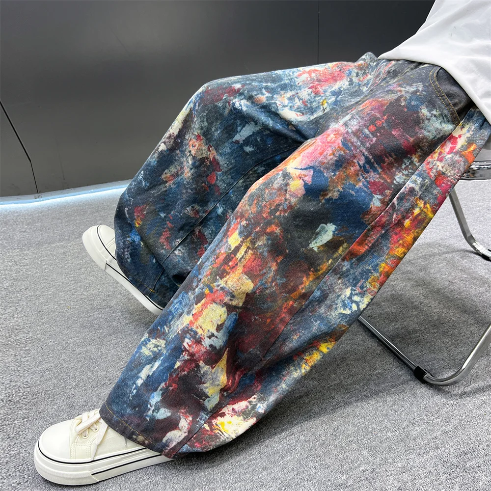 High Fashion Children Street Style Colored Jeans with Graffiti for Tween Boy Cool Dance Denim Pants Teenage Kids Hiphop Trousers