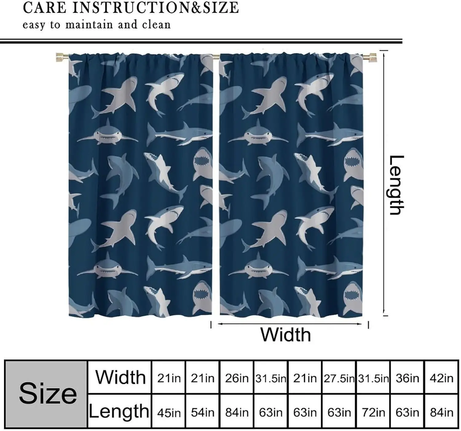 Kids Sea Animal Curtains for Teens Boys Girls Bedroom Nursery Decor Cartoon Sharks Art Printed Blackout Window Drapes Fabric