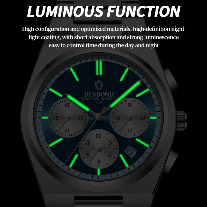 BINBOND Top Brand Luxury Watches for Man Quartz Sports Men Watch Waterproof Luminous Stainless Steel Chronograph Men Clock