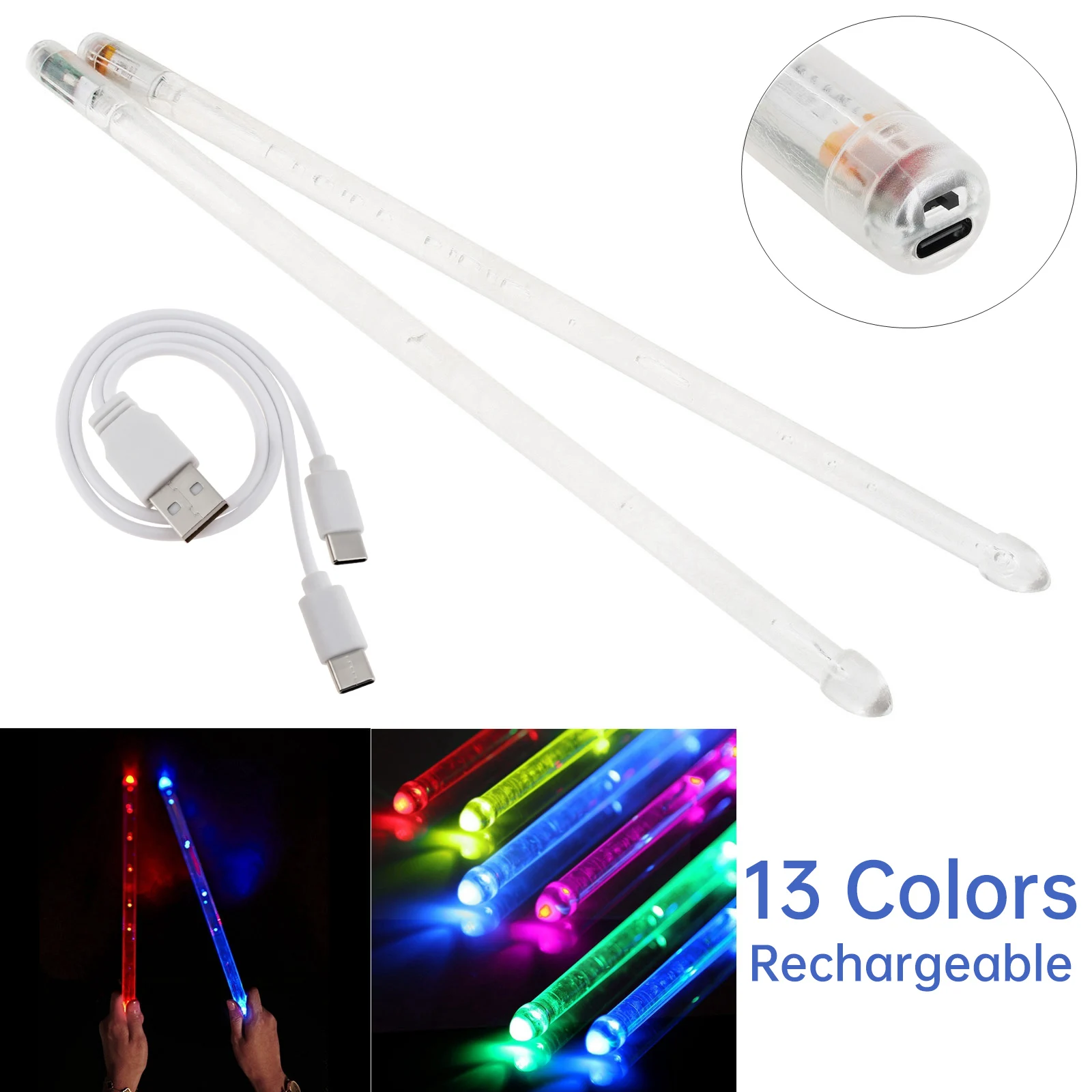 Rechargeable Built-in Lithium Battery LED Light Gradient Glow Drumsticks Professional Cool Drum Sticks with Switch