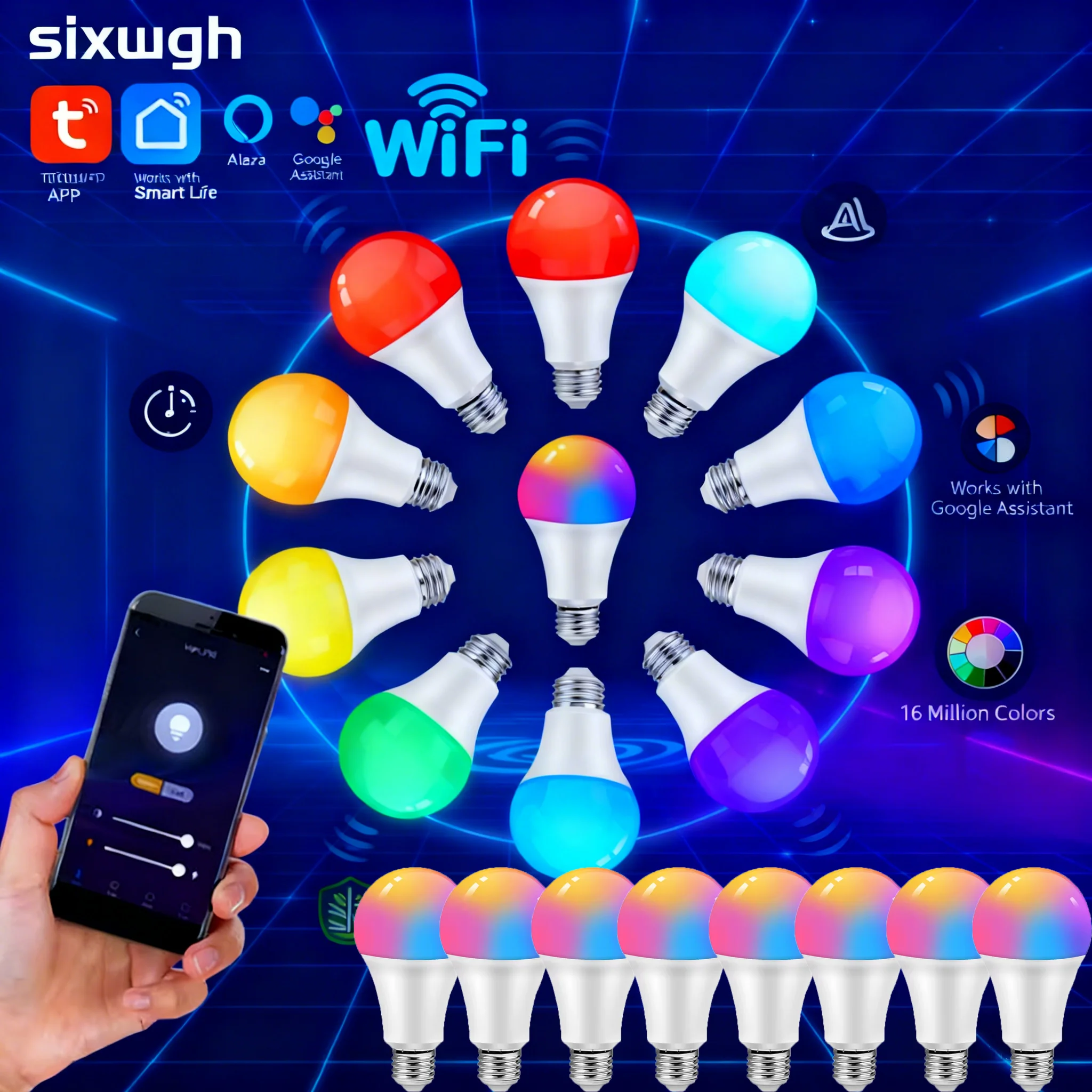 

SIXWGH 1-8pcs Smart Bulb Alexa/Google Assistant Control Timing Function Musical Rhythm Adjustable Color Brightness WiFi Network