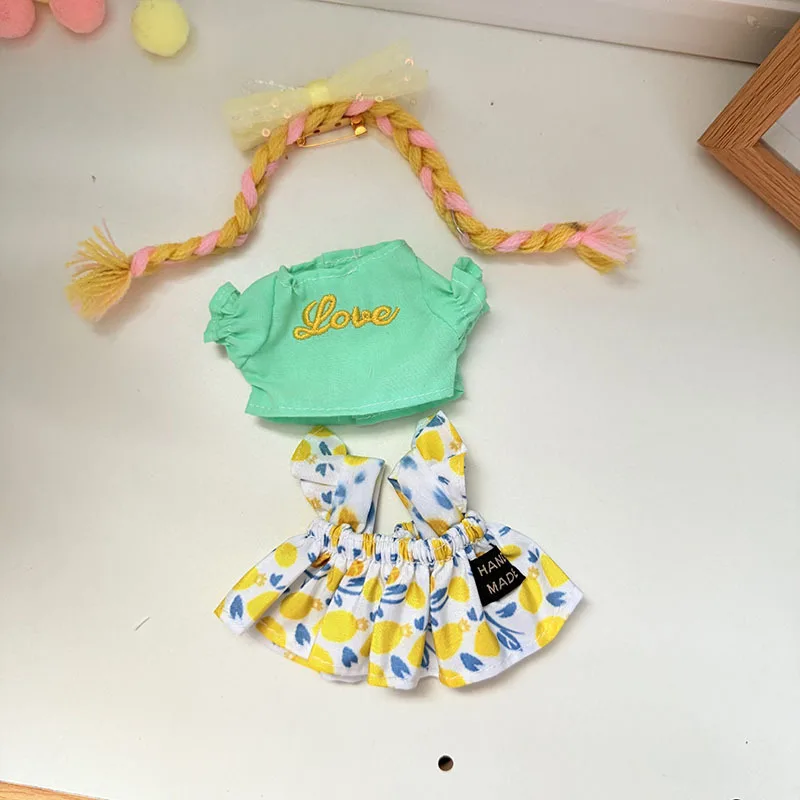

Sweet Style Girls' Clothing For 1s-3rd Gen Labubu Light Yellow Floral Skirt T Shirt With Colorful Braids For 15/17cm Dolls