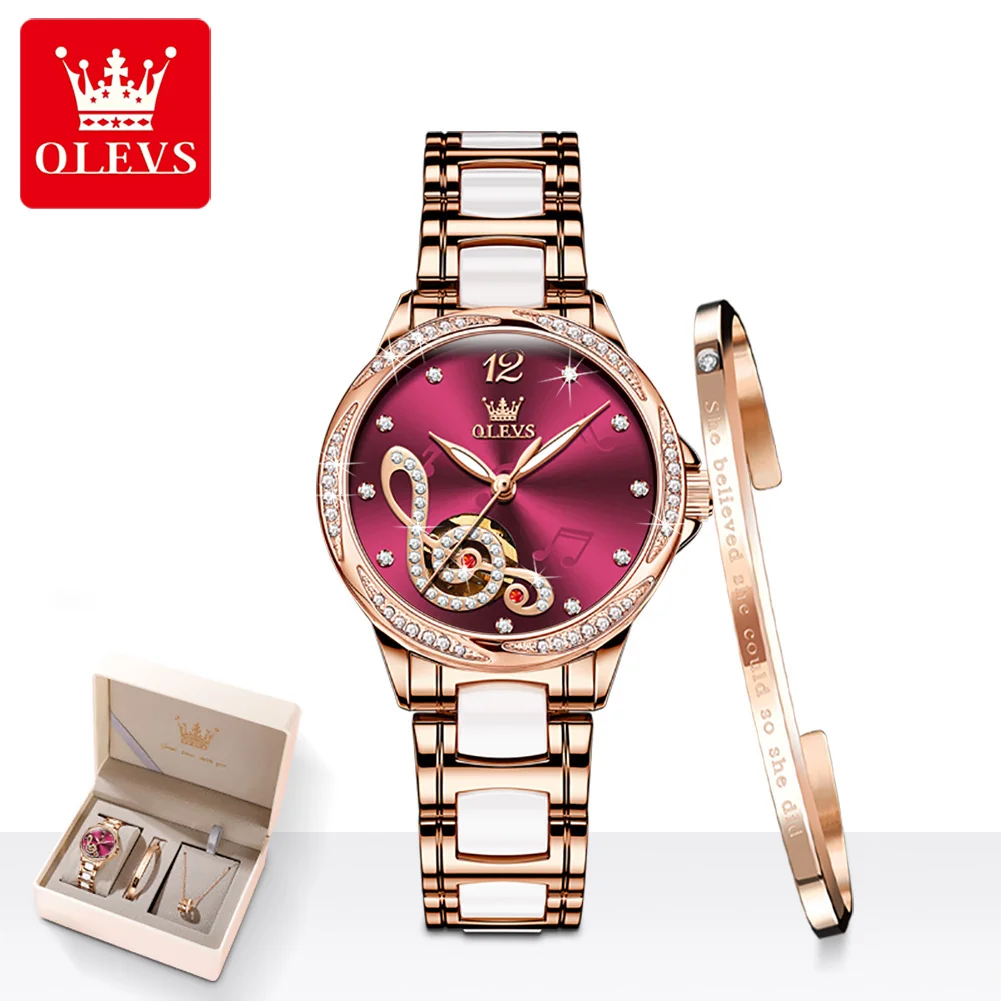 OLEVS 6656 Fashion Hollow Mechanical Watch For Women Ceramic Steel Strap Luxury Original Automatic Wristwatch Waterproof Watches