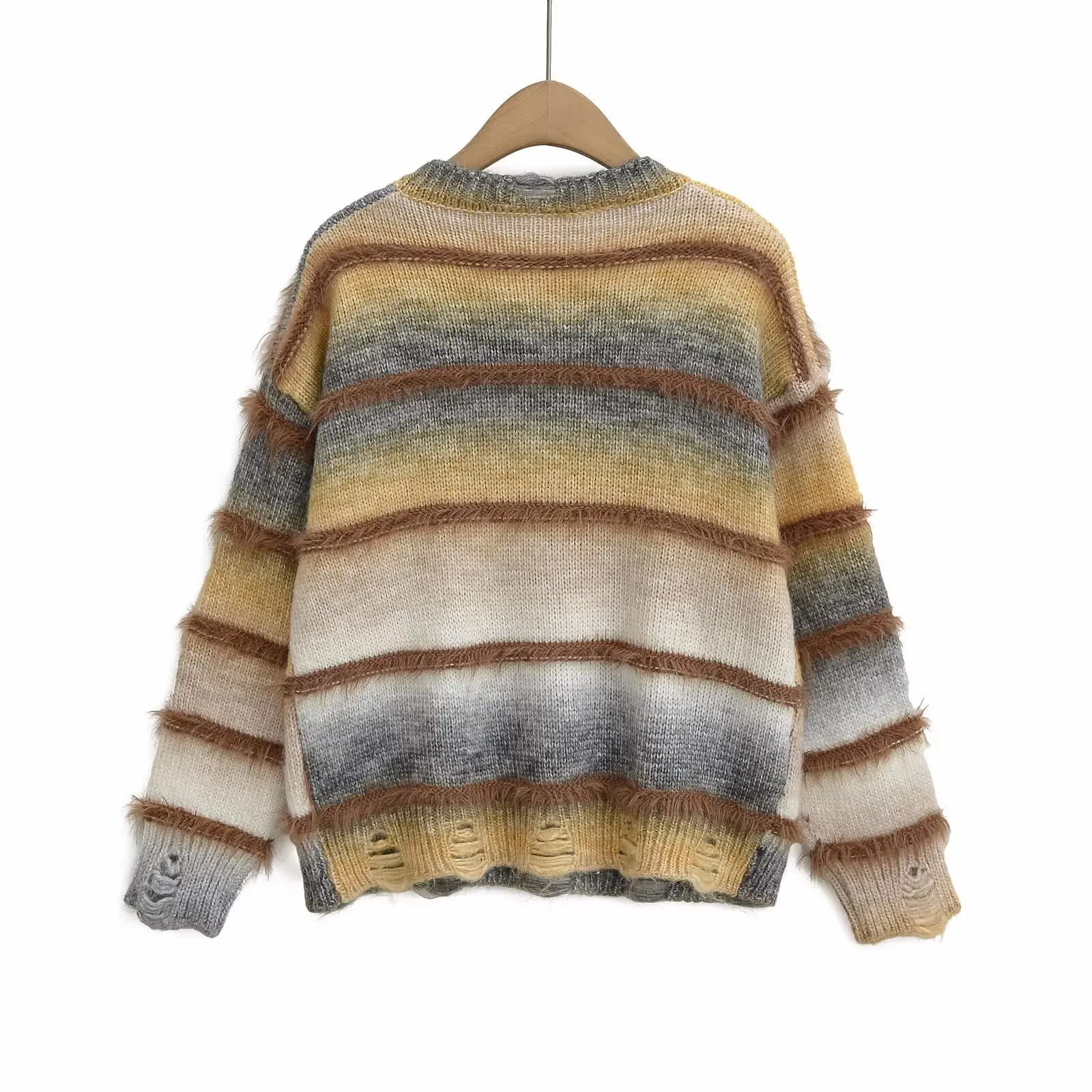 Spring Faion V-ne Stripes Sweater Women Sle Design Polyester Fiber Long Sve Crew Ne Regular Length JNLEOAOG