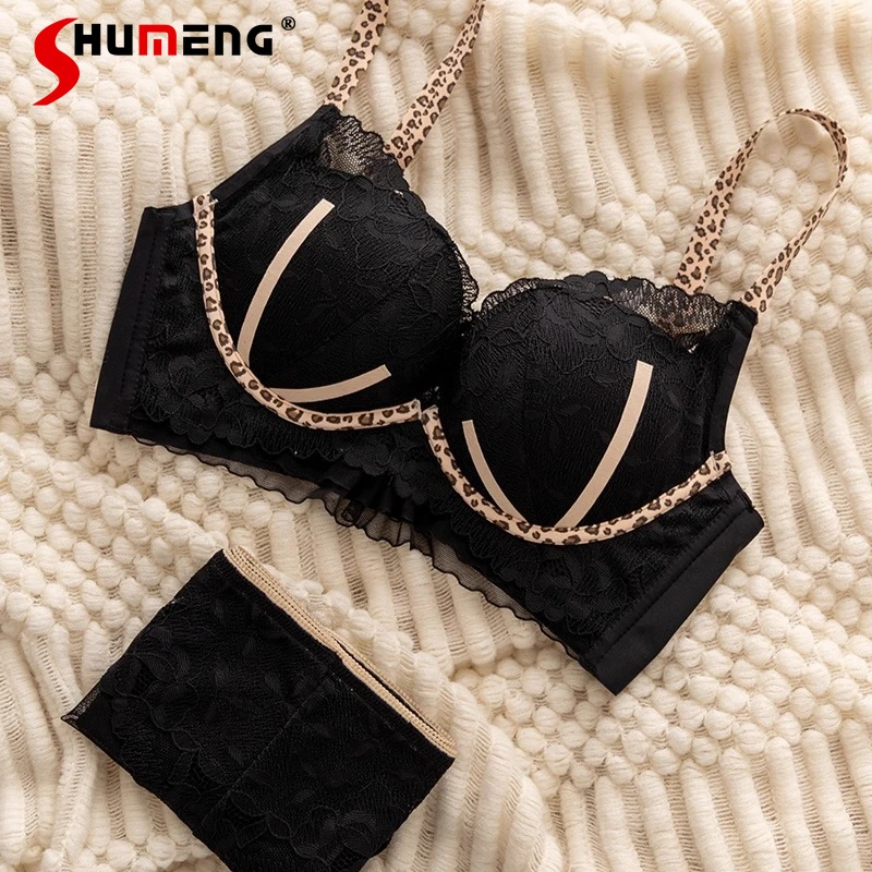 

Autumn and Winter Push Up Bra Set for Women Small Bust Sexy Lace Leopard Print Intimates Female Japanese Style Brief Suits