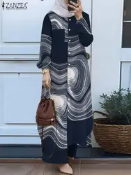 ZANZEA Eid Mubarek Abaya-conjunto musulmán de 2 piezas para mujer, traje holgado de manga larga con botones, blusa estampada Vintage