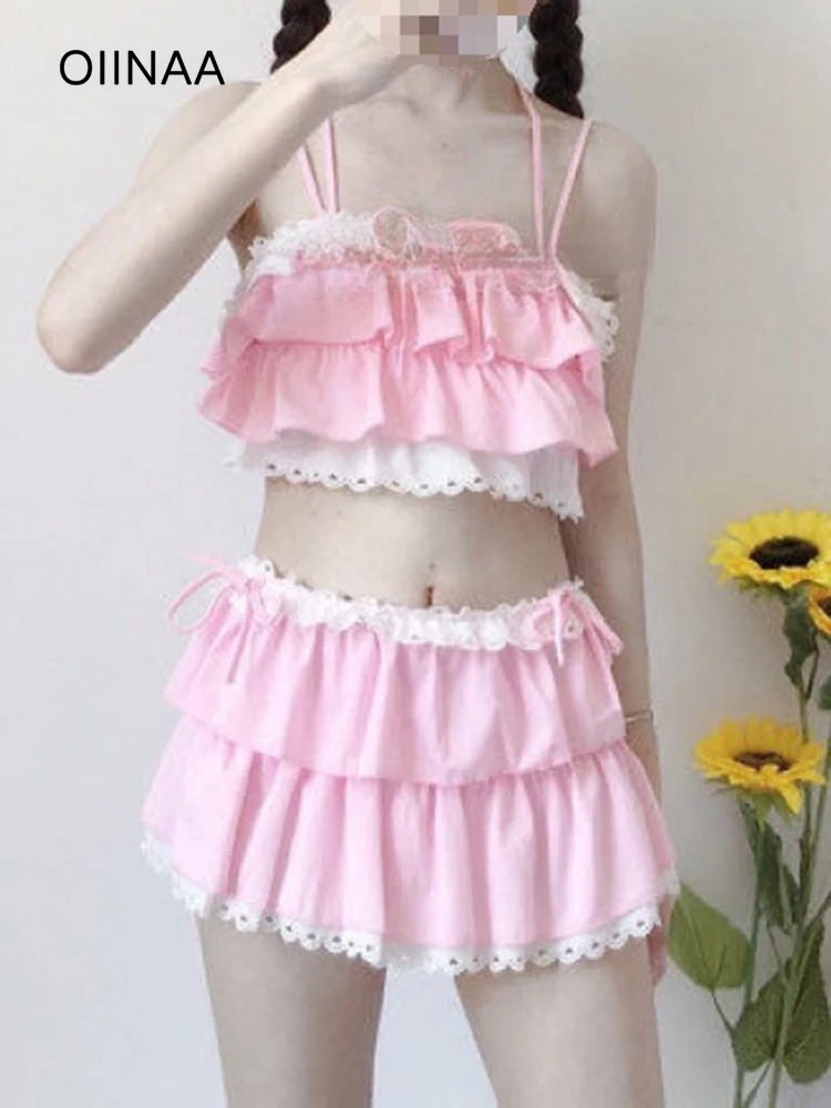 

OIINAA Pink Bathing Suit Women Halter Ruffled Bikini Set Cute Girly Lace Spliced Split Swimsuit Summer 2025 New Korean Holiday