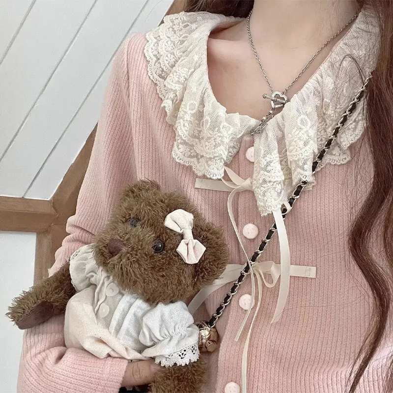 Sweet Bow Lace Spliced Knitted Blouse Female Clothing Ruffled Neck Spring Autumn Long Sleeve Fashion Basic Single-breasted Shirt