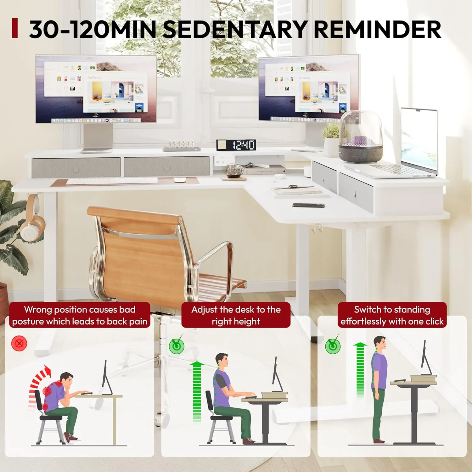 Стоячий стол L-образной формы 63 дюйма с 3 ящиками, регулируемый по высоте стол, угловой игровой стол с подставкой для монитора, новая популярность