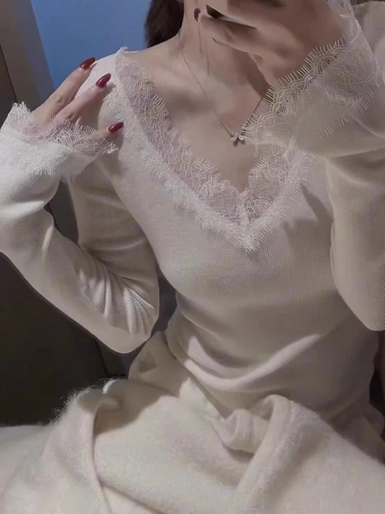 

Women's Knitted Base irt Early Autumn Winter 2024 New Sle Lace Splicing Bell Sve Long Sve Top Commute Sle Regular...