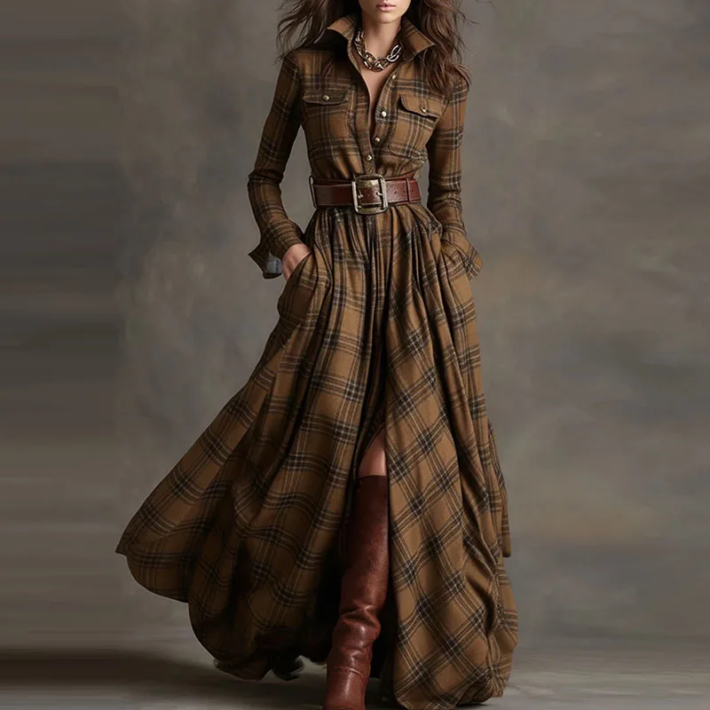 New 2025 Autumn Long Sleeved Plaid Printed Dress Fashion Women's Lapel Pocket Commuting Dress Elegant Loose Pleated Maxi Dresses