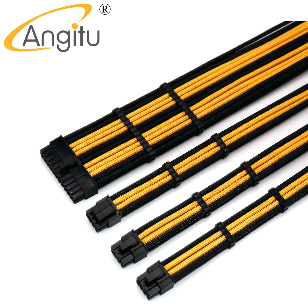 Angitu Black Gold PSU Extension Power Sleeving Cable Customized Length 24Pin MB 4+4Pin CPU PCIE 6+2P PC Extension Cord