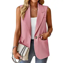 Women Blazer Waistcoat Lapel Single Button Sleeveless Formal Business Commute Straight Patch Pockets Solid Color Lady Suit Coat