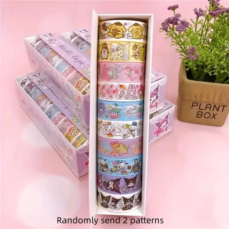 10 Pcs Cute Sanrio Cartoon Washi Tape Set of Adorable Kuromi, My Melody & Cinnamoroll Designs for Kids Journaling and Crafting